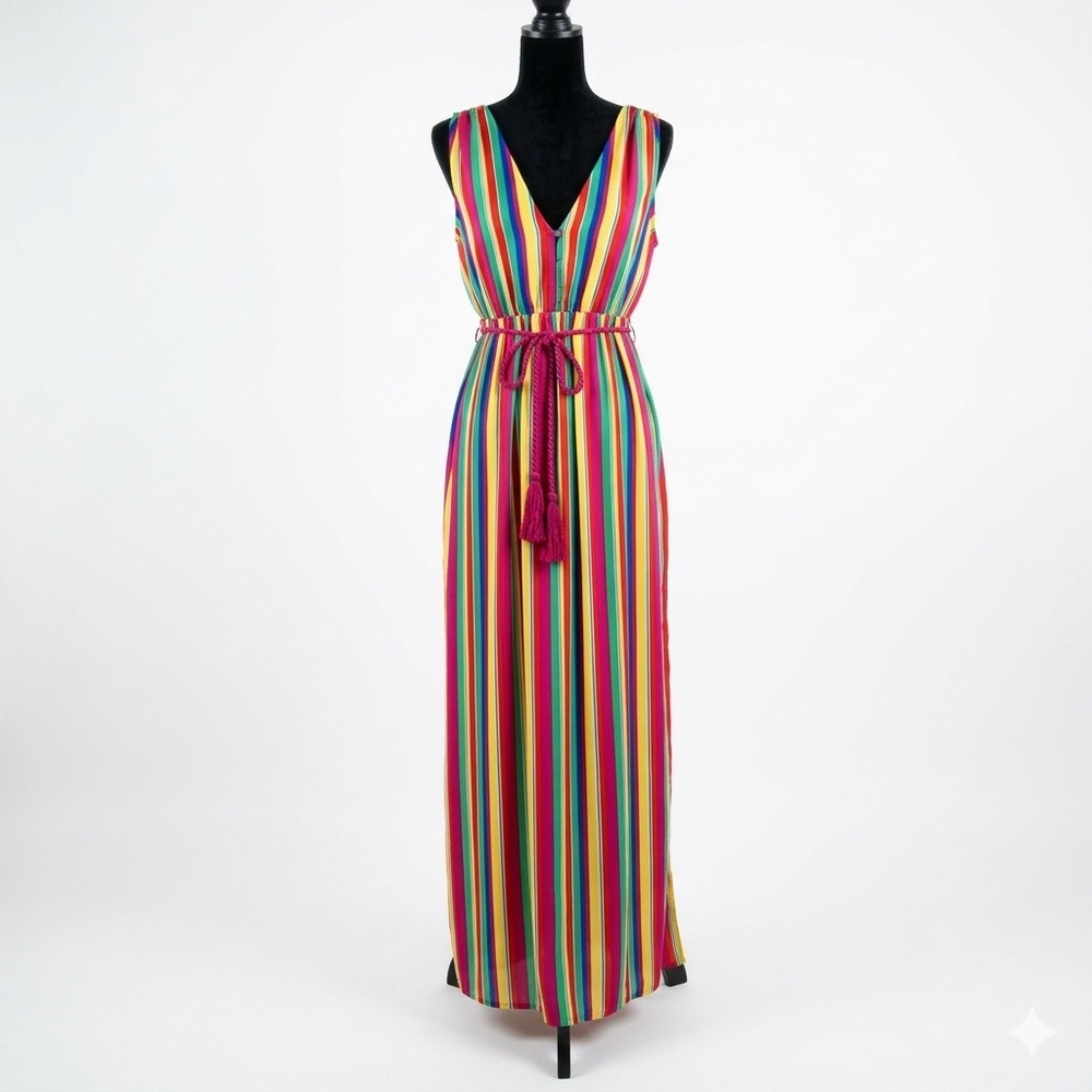 BB Dakota Rainbow Stripe‎ V-Neck Maxi Dress Tassel Belt Small